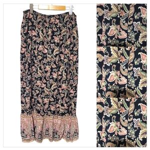 Boho Paisley Maxi Skirt Elastic Waist Black Floral Festival Style M/L